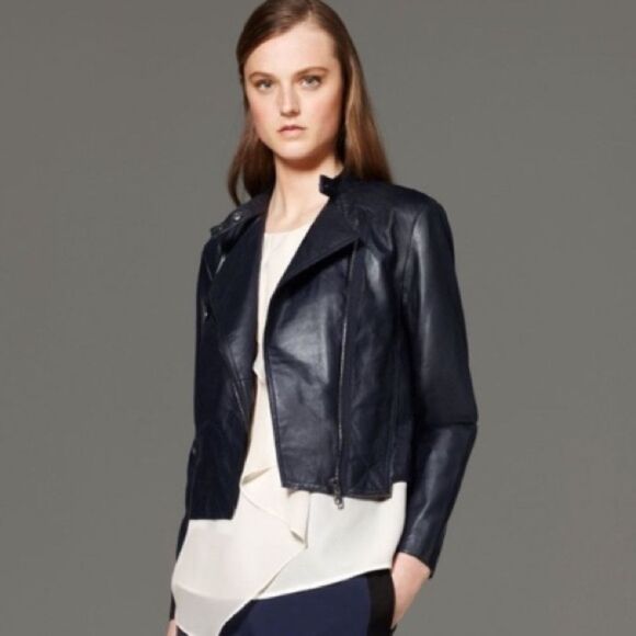 3.1 PHILLIP LIM navy blue leather motto side zipper jacket size large - Picture 1 of 12